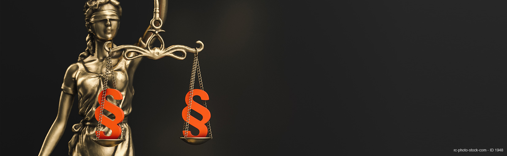 The Statue of Justice - lady justice or Iustitia / Justitia the Roman goddess of Justice with paragraph signs in scale, law concept image, banner size from ©rcfotostock